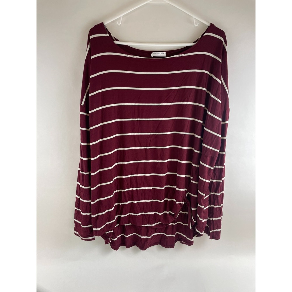 Chicsoul Shirt Women's Size 3XL Burgundy White Stripes Long Sleeve Boat Neck